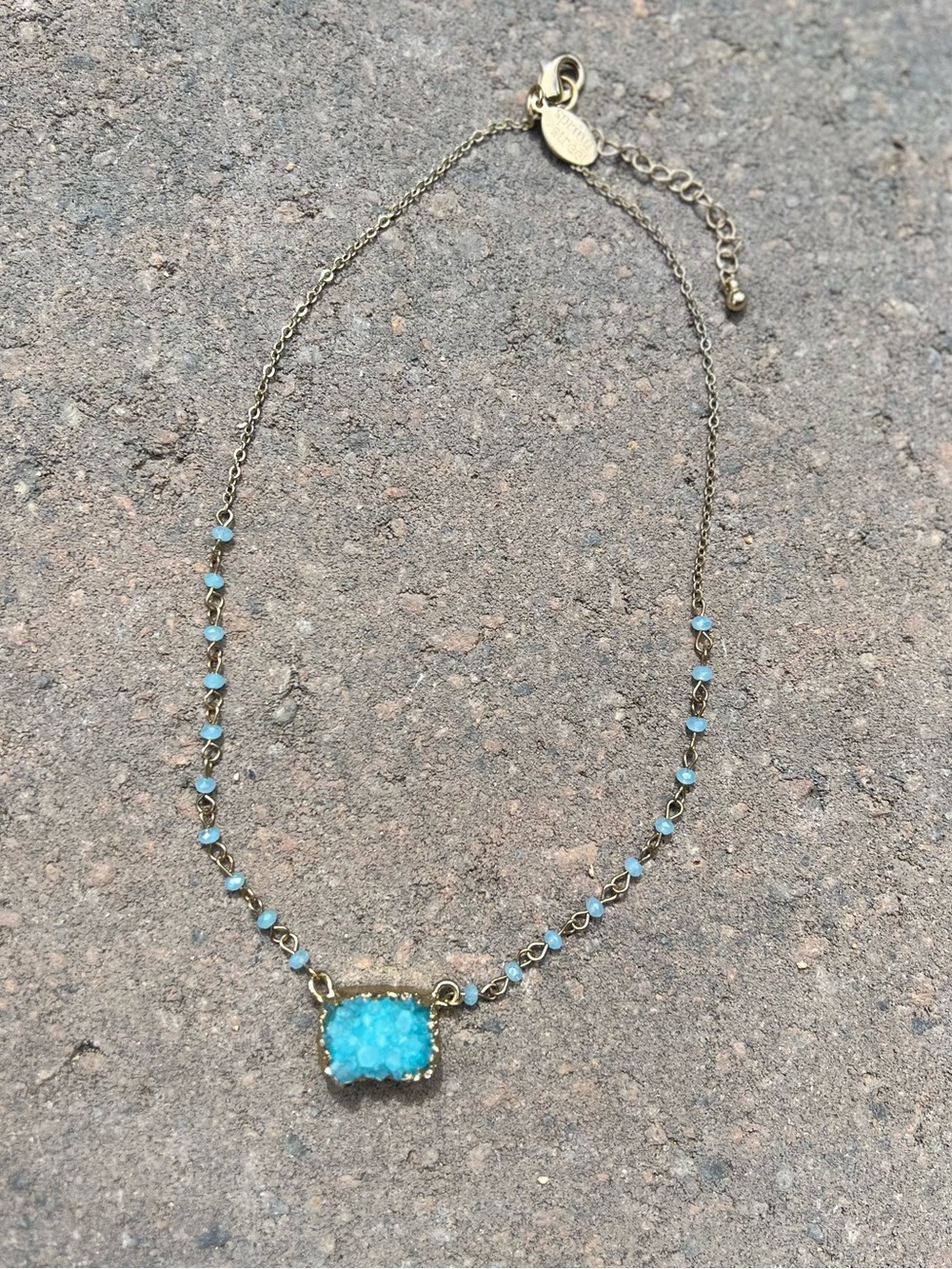 Spring Street Gold Tone Necklace Blue Druzy Stone Pendant Beaded Chain